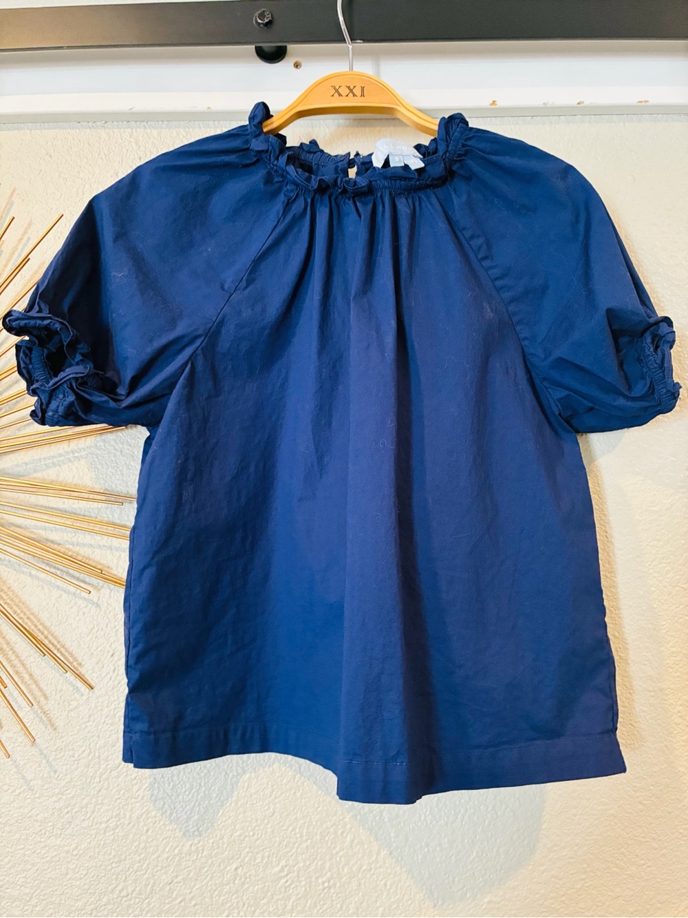 Hill House Navy Puff Sleeve Ruffle Neck Top